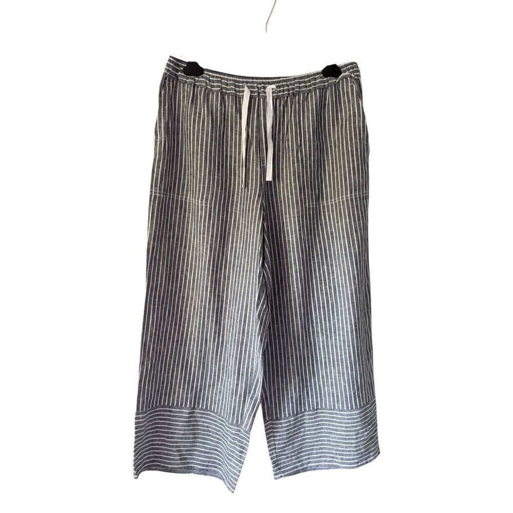 NEW Casa Cabana Linen Cropped Striped Pants size‎ L Blue